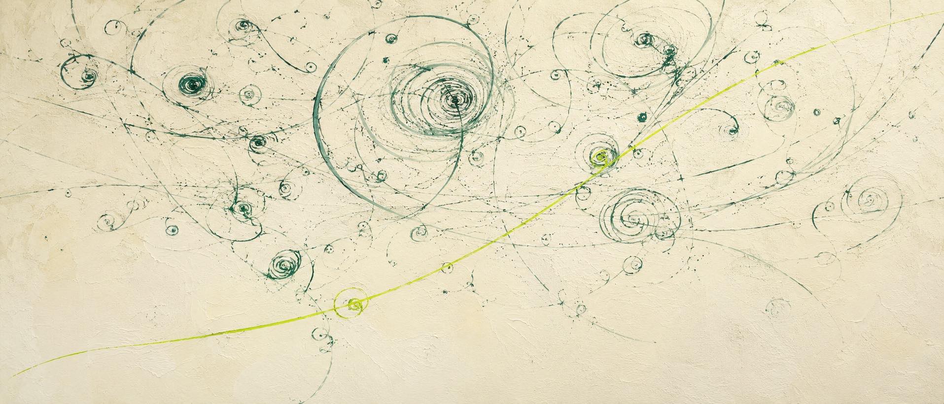 An oil painting of bubble-chamber particle tracks, sage-green spirals and one lime track on a bright cream ground